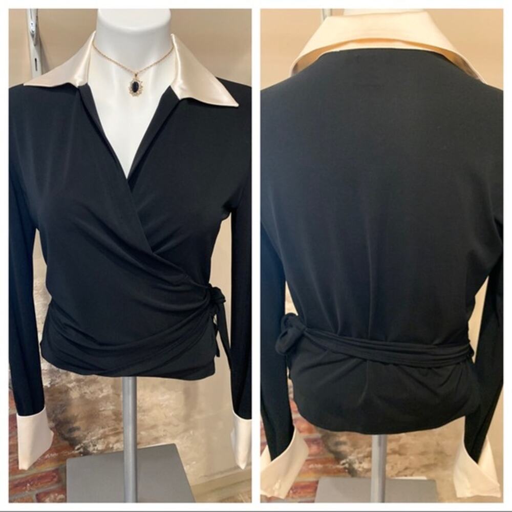 Lafayette 148 New York Black Wrap Blouse with White Collar - Picture 3 of 12